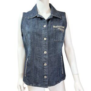 Chicos Platinum Denim Vest Womens Size 1 Blue Cotton Spandex Embroidered Casual